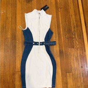 Fashion Nova White & Denim Midi Bodycon Dress with Belt